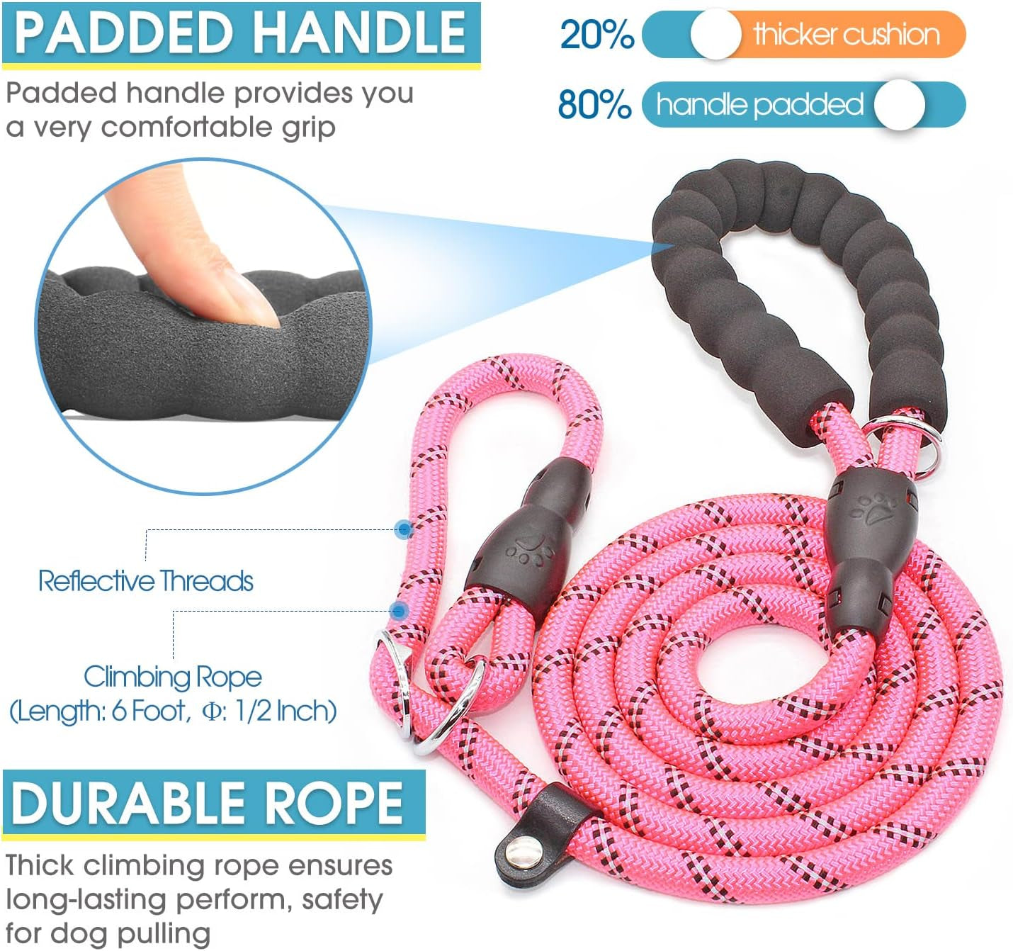 6 Feet Slip Lead Dog Leash Anti-Choking with Upgraded Durable Rope Cover and Comfortable Padded Handle for Large, Medium, Small Dogs Trainning with Poop Bags and Dispenser (Black+Pink)