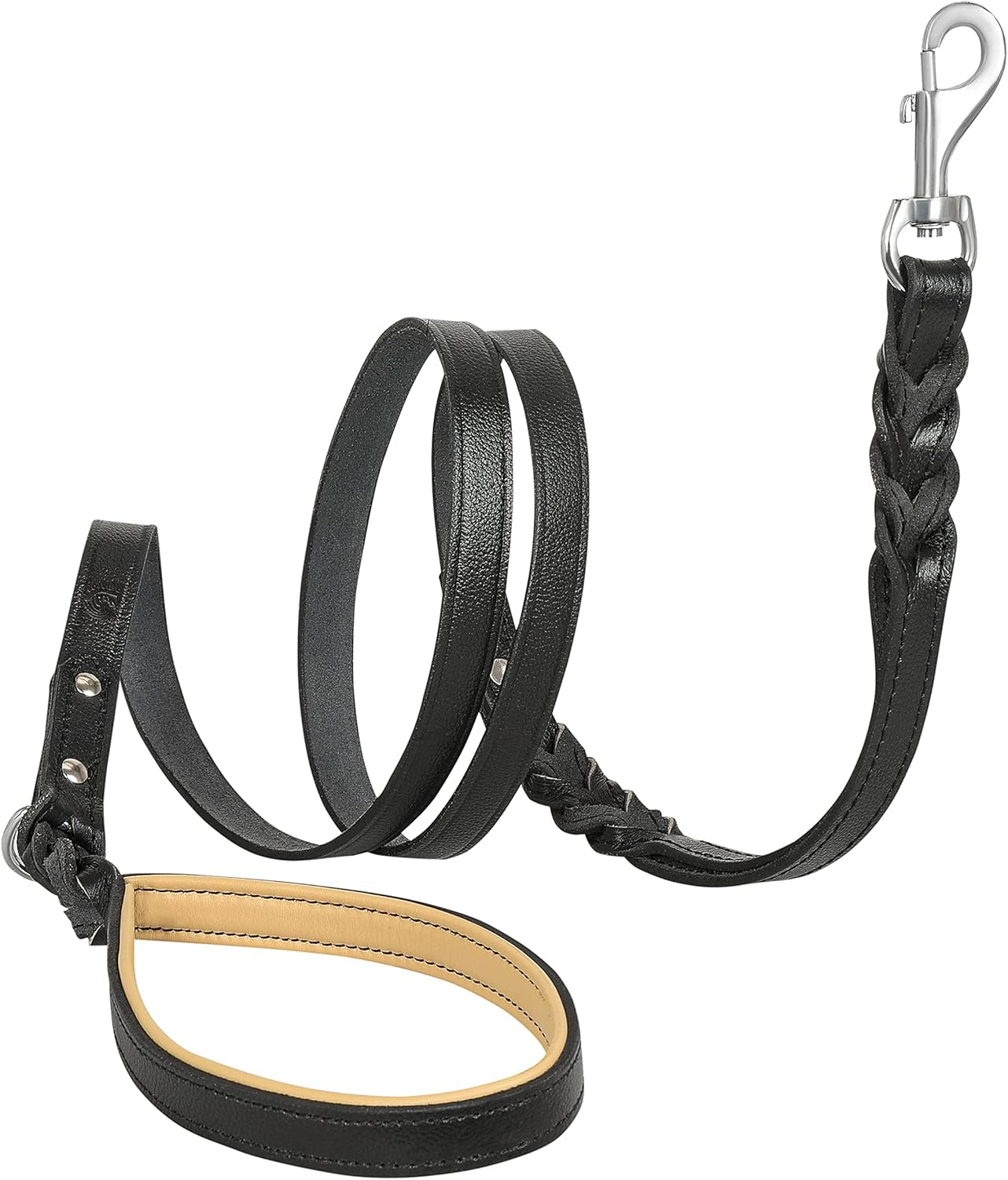 Leather Dog Leash 6Ft with 2 Handles Padded Traffic Handle for Extra Control, Leather Dog Leashes for Large Breed Dogs Training Walking Heavy Duty Leashes for Dogs (Black, L: 3/4" X6Ft)