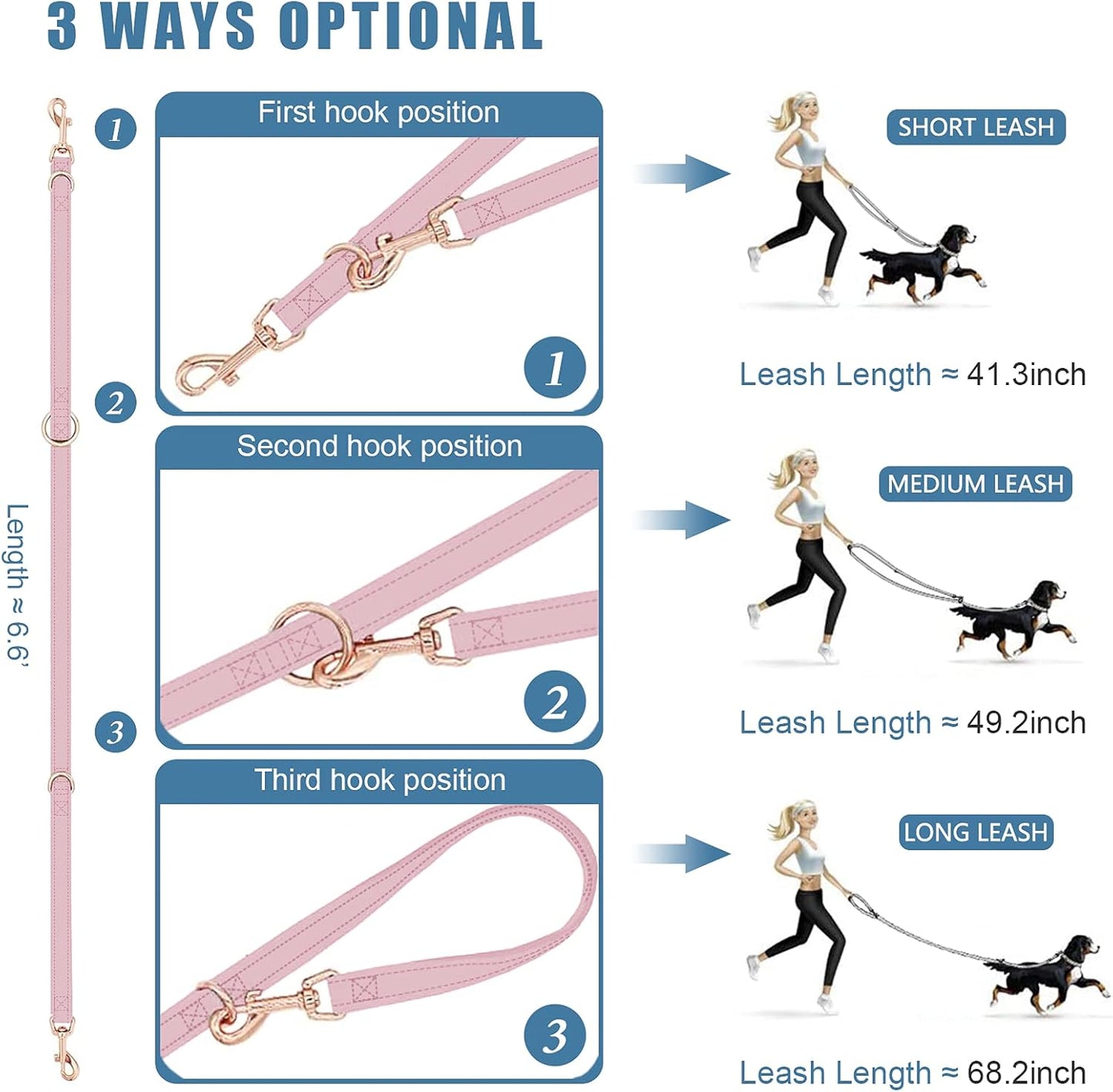 Soft Leather Dog Collar and Leash (6.6') Set - Stylish Rose Gold Heavy Duty Metal Buckle, 4 Adjustable Lengths Leash for Small Medium Large Dogs - Comfortable & Easy to Clean Pink M(13.8"-19.7")