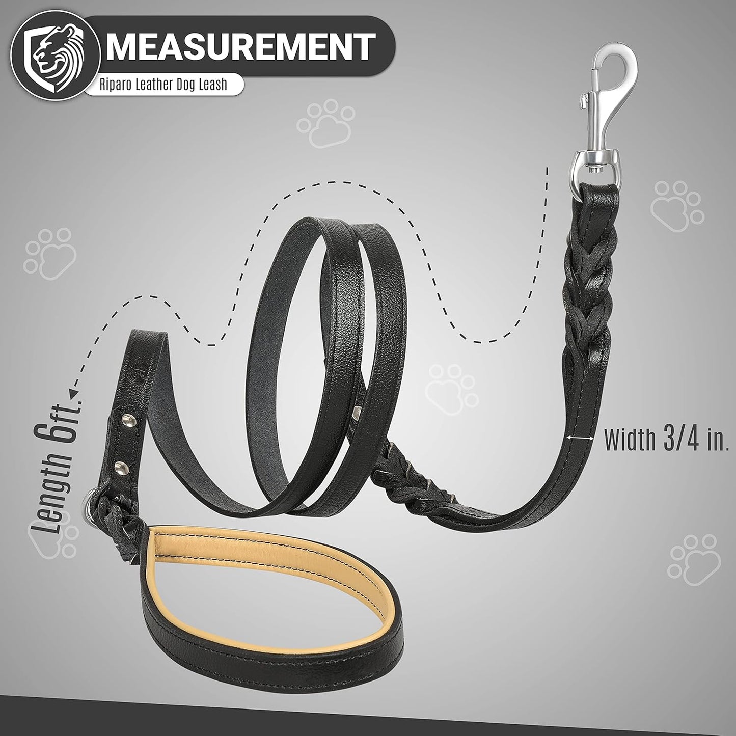 Leather Dog Leash 6Ft with 2 Handles Padded Traffic Handle for Extra Control, Leather Dog Leashes for Large Breed Dogs Training Walking Heavy Duty Leashes for Dogs (Black, L: 3/4" X6Ft)
