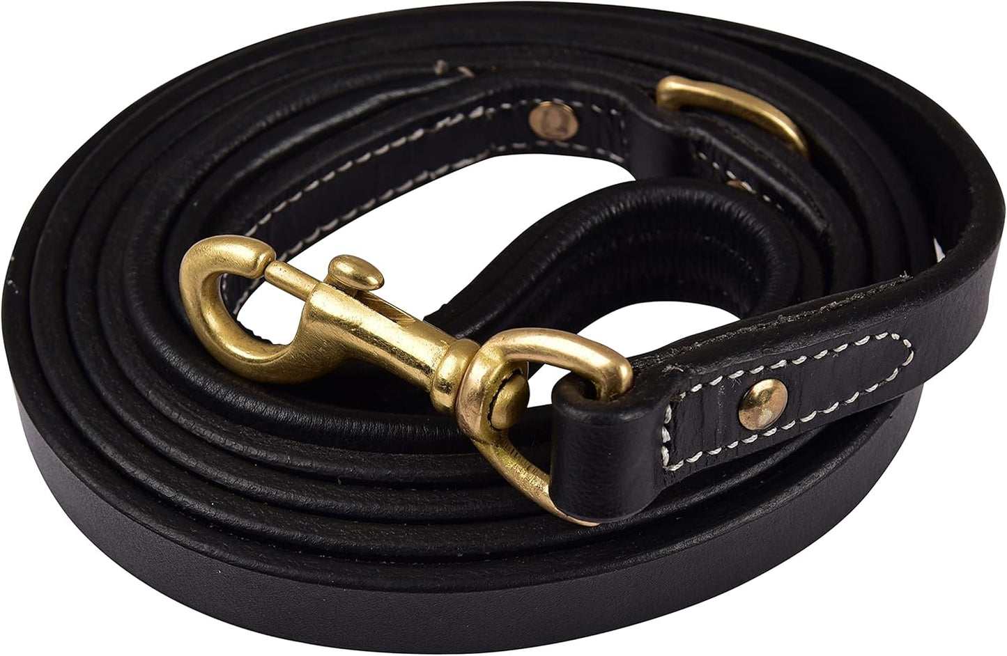 | Heavy Duty Genuine Leather Dog Leash for Small, Medium & Large Breeds | Hand Made, Soft, Padded Handle | with Ring for Poop Bag Holder | Black, Brown | 5' & 6' (5' (5/8" Wide), Black)