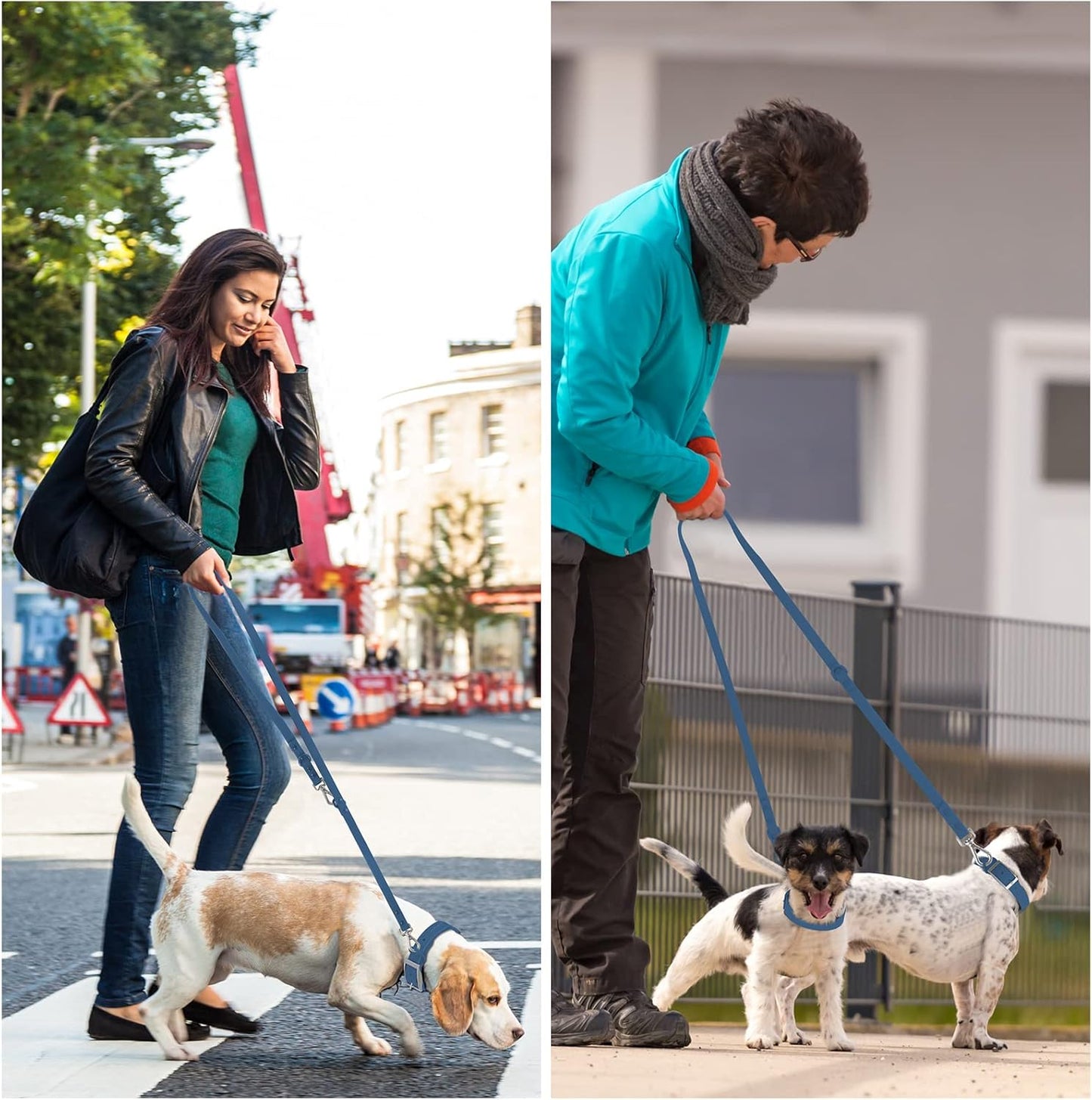 Waterproof Dog Leash – 5Ft/6Ft Adjustable with 2 Hooks & Traffic Handle, Easy to Clean Double Clip Leash for Small, Medium, Large Dogs (Navy,L)
