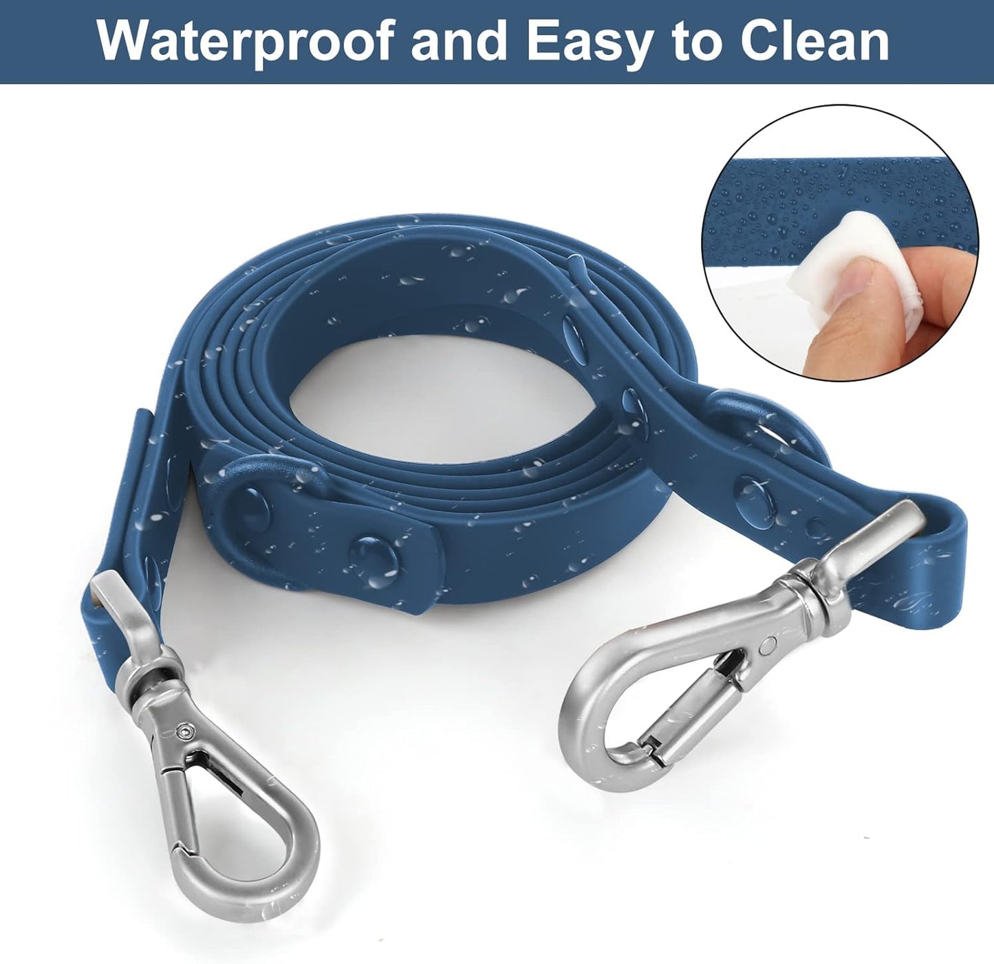 Waterproof Dog Leash – 5Ft/6Ft Adjustable with 2 Hooks & Traffic Handle, Easy to Clean Double Clip Leash for Small, Medium, Large Dogs (Navy,L)