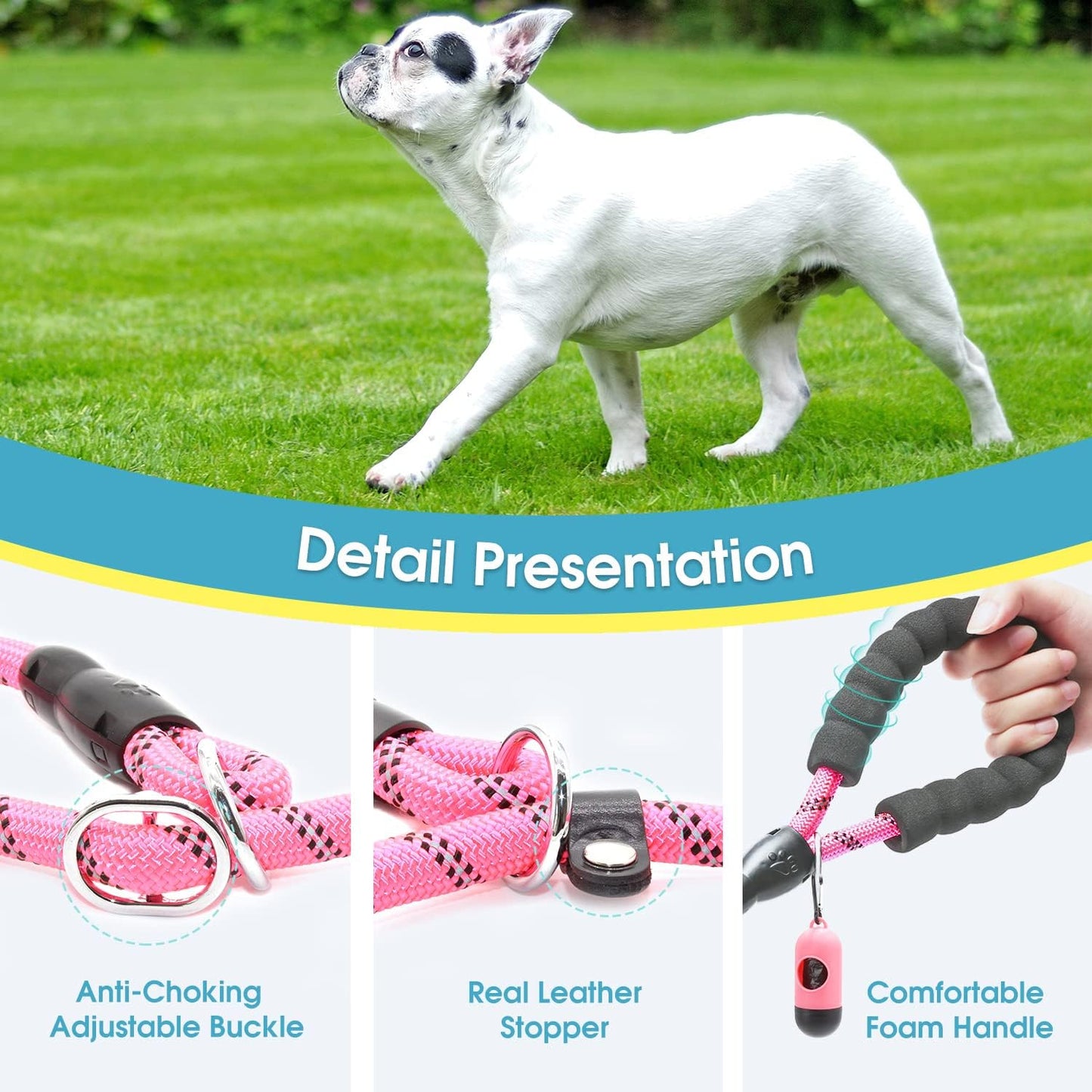 6 Feet Slip Lead Dog Leash Anti-Choking with Upgraded Durable Rope Cover and Comfortable Padded Handle for Large, Medium, Small Dogs Trainning with Poop Bags and Dispenser (Black+Pink)