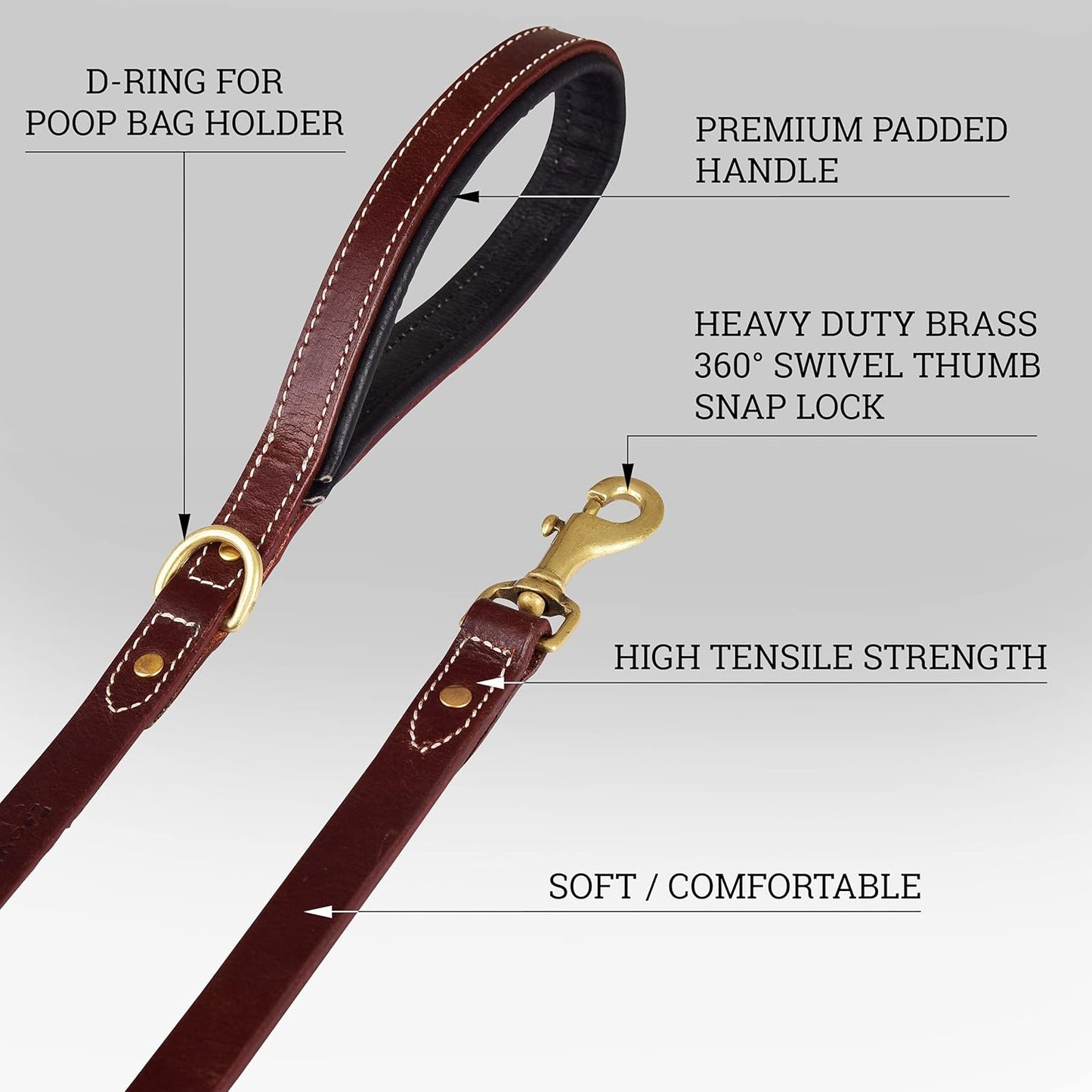 | Heavy Duty Genuine Leather Dog Leash for Small, Medium & Large Breeds | Hand Made, Soft, Padded Handle | with Ring for Poop Bag Holder | Black, Brown | 5' & 6' (5' (5/8" Wide), Black)