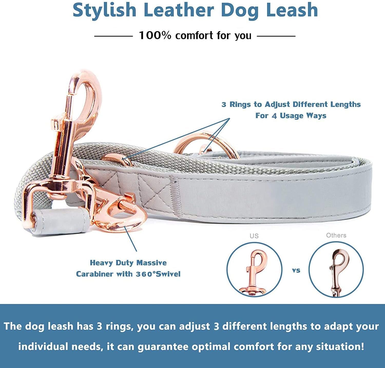 Soft Leather Dog Collar and Leash (6.6') Set - Stylish Rose Gold Heavy Duty Metal Buckle, 4 Adjustable Lengths Leash for Small Medium Large Dogs - Comfortable & Easy to Clean Grey L(15.4"-24.8")