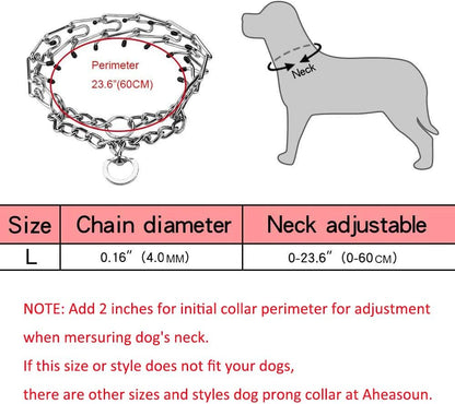 Prong Collars for Dogs, No Pull Dog Collar, Dog Training Collar for Large Medium Small Dogs, Stainless Steel Adjustable with Comfort Rubber Tips (Large, 4.0Mm, 23.6-Inch)