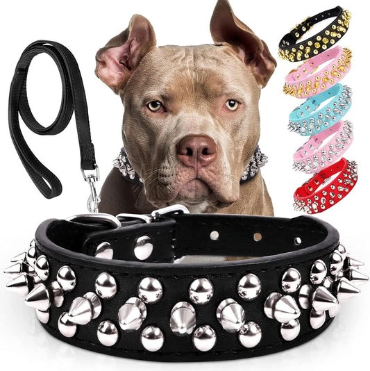 Dog Collars for Medium Dogs with Leash,  Spiked Dog Collar for Large Dogs, Dog Collar, Studded Rivet Pit Bull Leather Dog Collar Durable Cat Collar for Small Medium Large Pet Gift