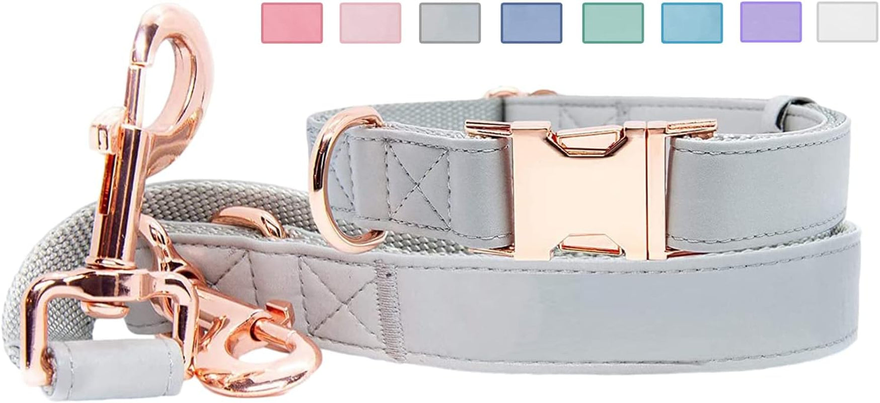 Soft Leather Dog Collar and Leash (6.6') Set - Stylish Rose Gold Heavy Duty Metal Buckle, 4 Adjustable Lengths Leash for Small Medium Large Dogs - Comfortable & Easy to Clean Grey L(15.4"-24.8")