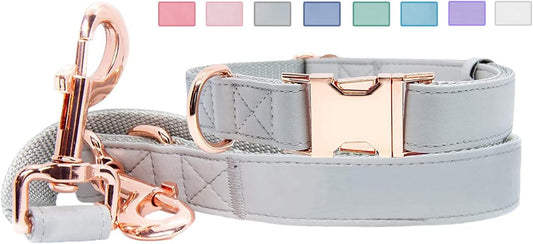 Soft Leather Dog Collar and Leash (6.6') Set - Stylish Rose Gold Heavy Duty Metal Buckle, 4 Adjustable Lengths Leash for Small Medium Large Dogs - Comfortable & Easy to Clean Grey L(15.4"-24.8")