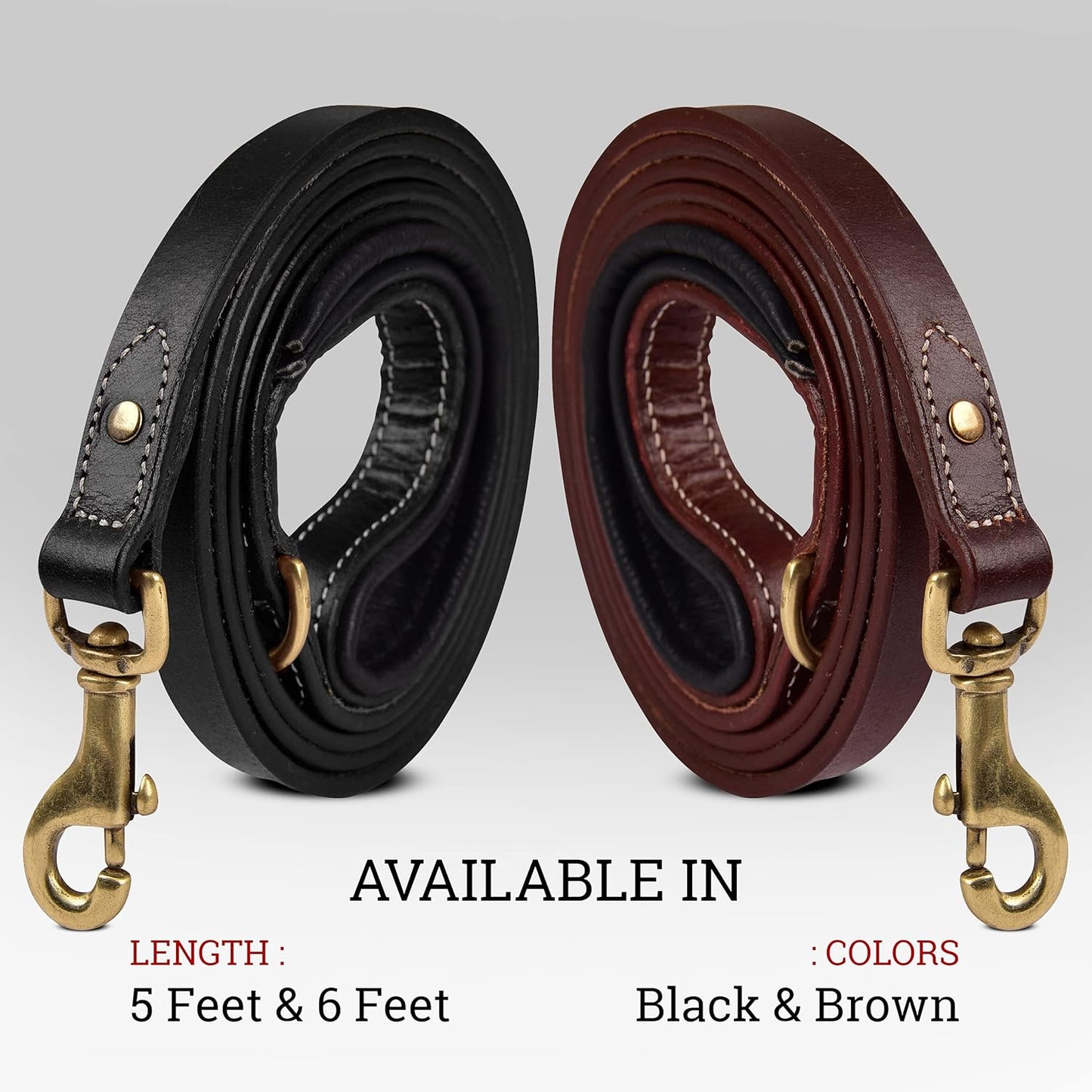 | Heavy Duty Genuine Leather Dog Leash for Small, Medium & Large Breeds | Hand Made, Soft, Padded Handle | with Ring for Poop Bag Holder | Black, Brown | 5' & 6' (5' (5/8" Wide), Black)