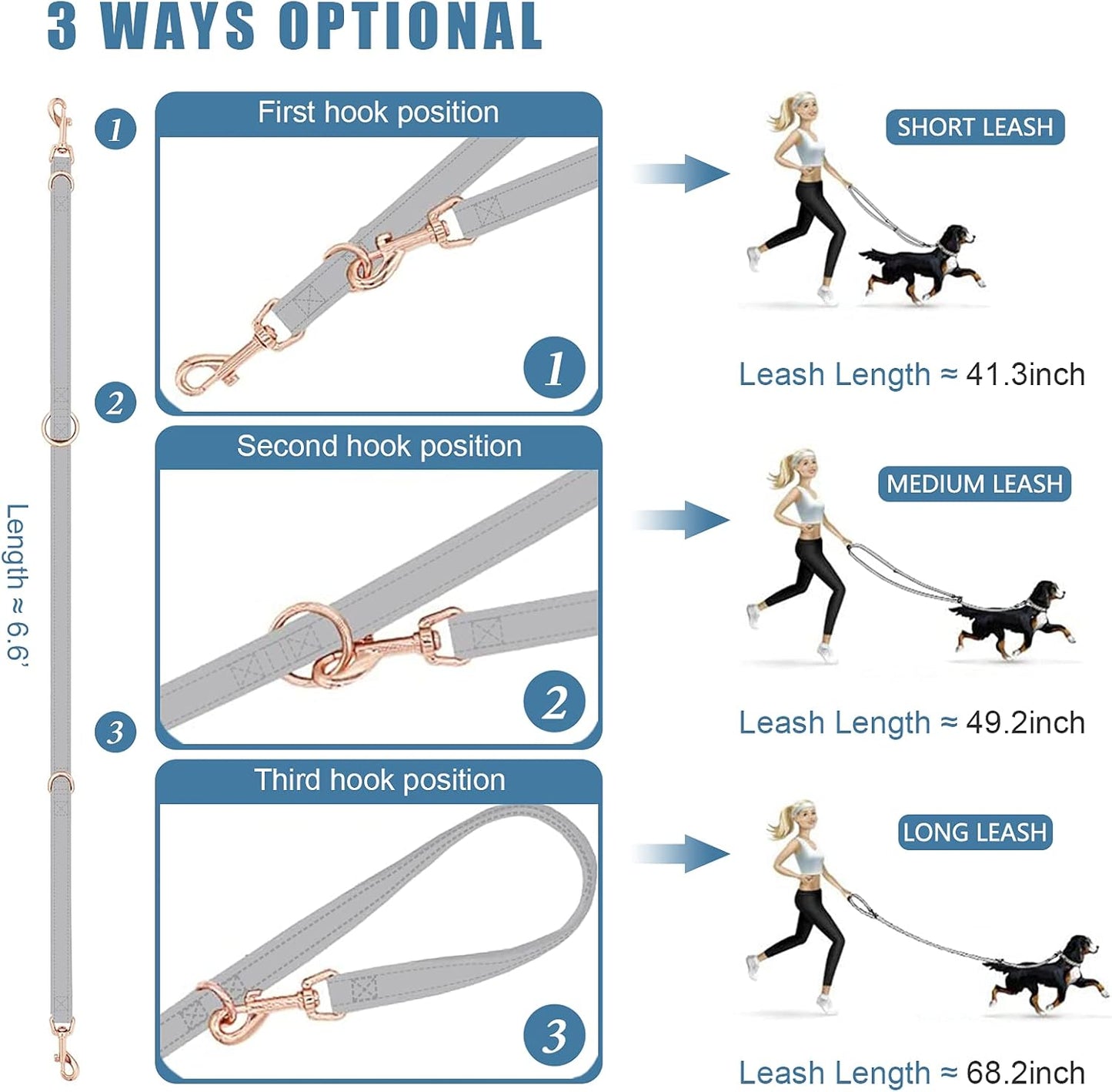 Soft Leather Dog Collar and Leash (6.6') Set - Stylish Rose Gold Heavy Duty Metal Buckle, 4 Adjustable Lengths Leash for Small Medium Large Dogs - Comfortable & Easy to Clean Grey L(15.4"-24.8")