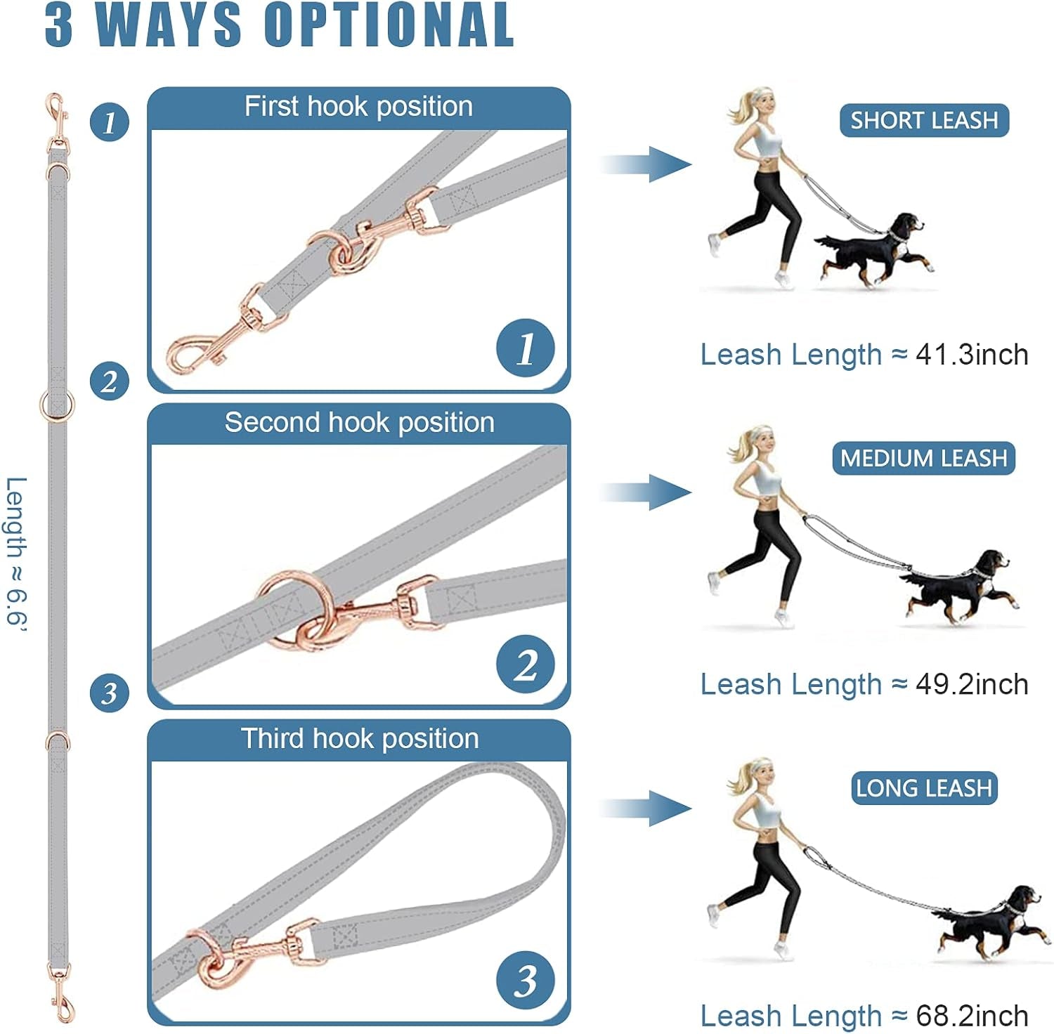 Soft Leather Dog Collar and Leash (6.6') Set - Stylish Rose Gold Heavy Duty Metal Buckle, 4 Adjustable Lengths Leash for Small Medium Large Dogs - Comfortable & Easy to Clean Grey L(15.4"-24.8")