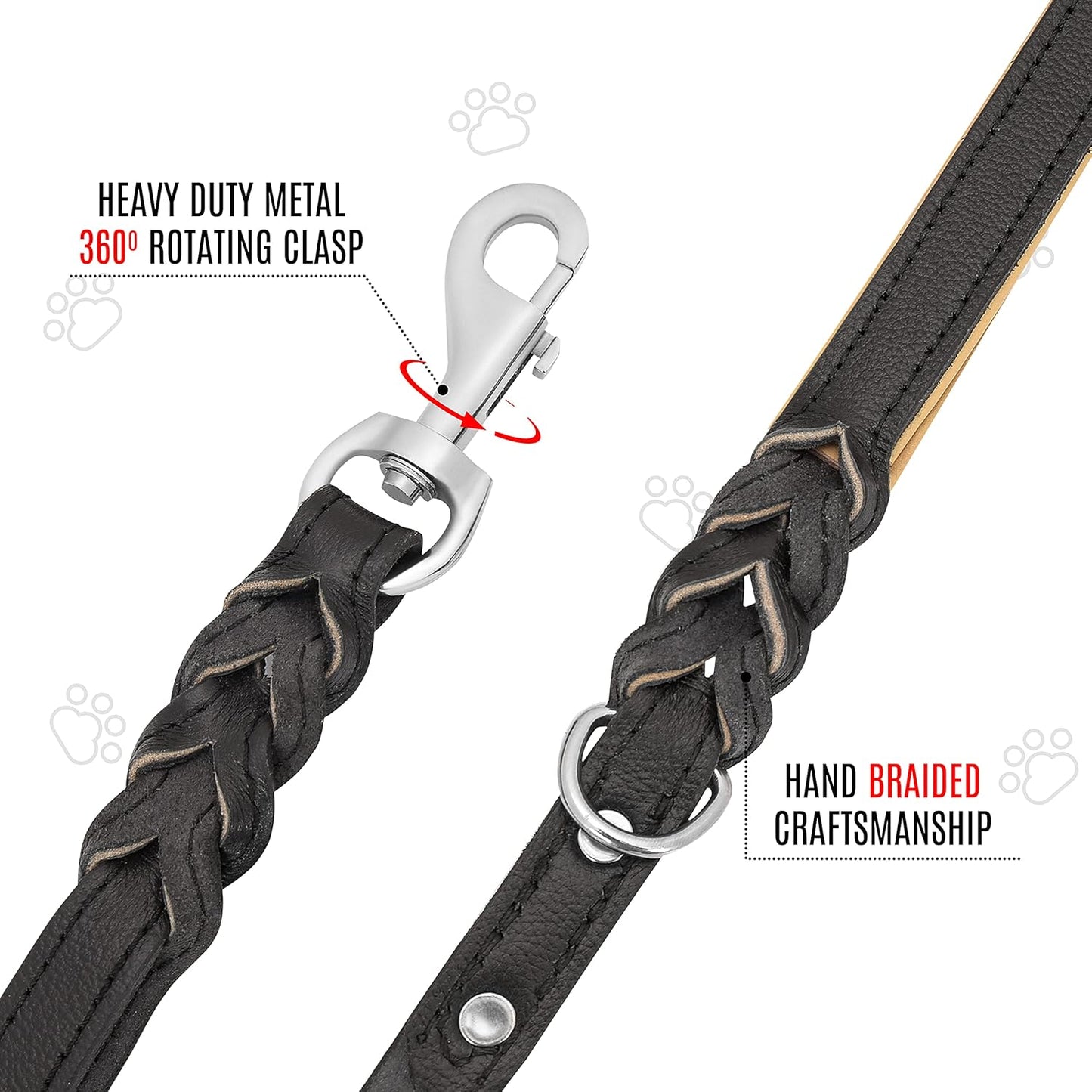 Leather Dog Leash 6Ft with 2 Handles Padded Traffic Handle for Extra Control, Leather Dog Leashes for Large Breed Dogs Training Walking Heavy Duty Leashes for Dogs (Black, L: 3/4" X6Ft)