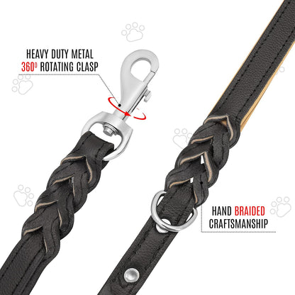 Leather Dog Leash 6Ft with 2 Handles Padded Traffic Handle for Extra Control, Leather Dog Leashes for Large Breed Dogs Training Walking Heavy Duty Leashes for Dogs (Black, L: 3/4" X6Ft)