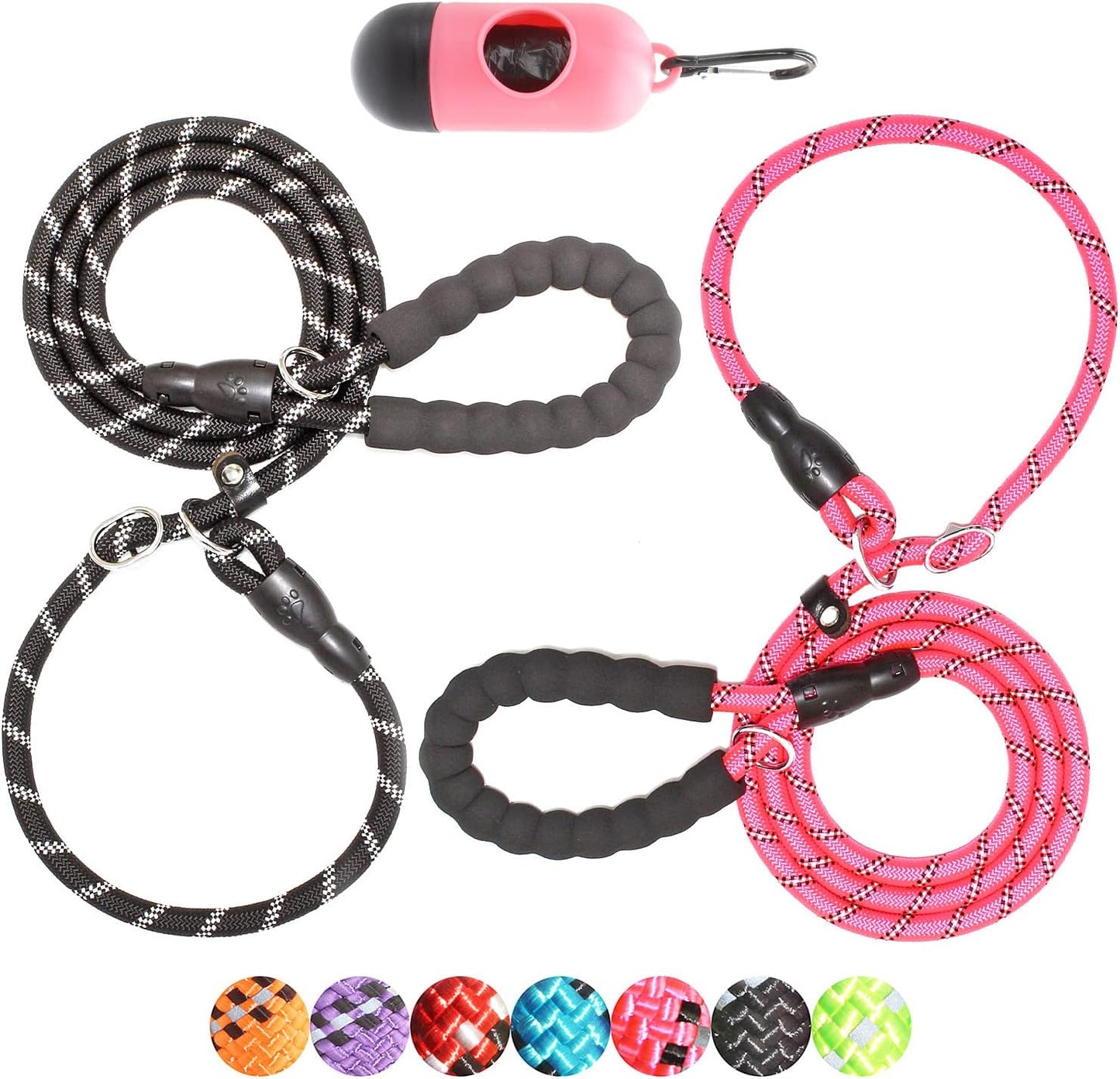 6 Feet Slip Lead Dog Leash Anti-Choking with Upgraded Durable Rope Cover and Comfortable Padded Handle for Large, Medium, Small Dogs Trainning with Poop Bags and Dispenser (Black+Pink)