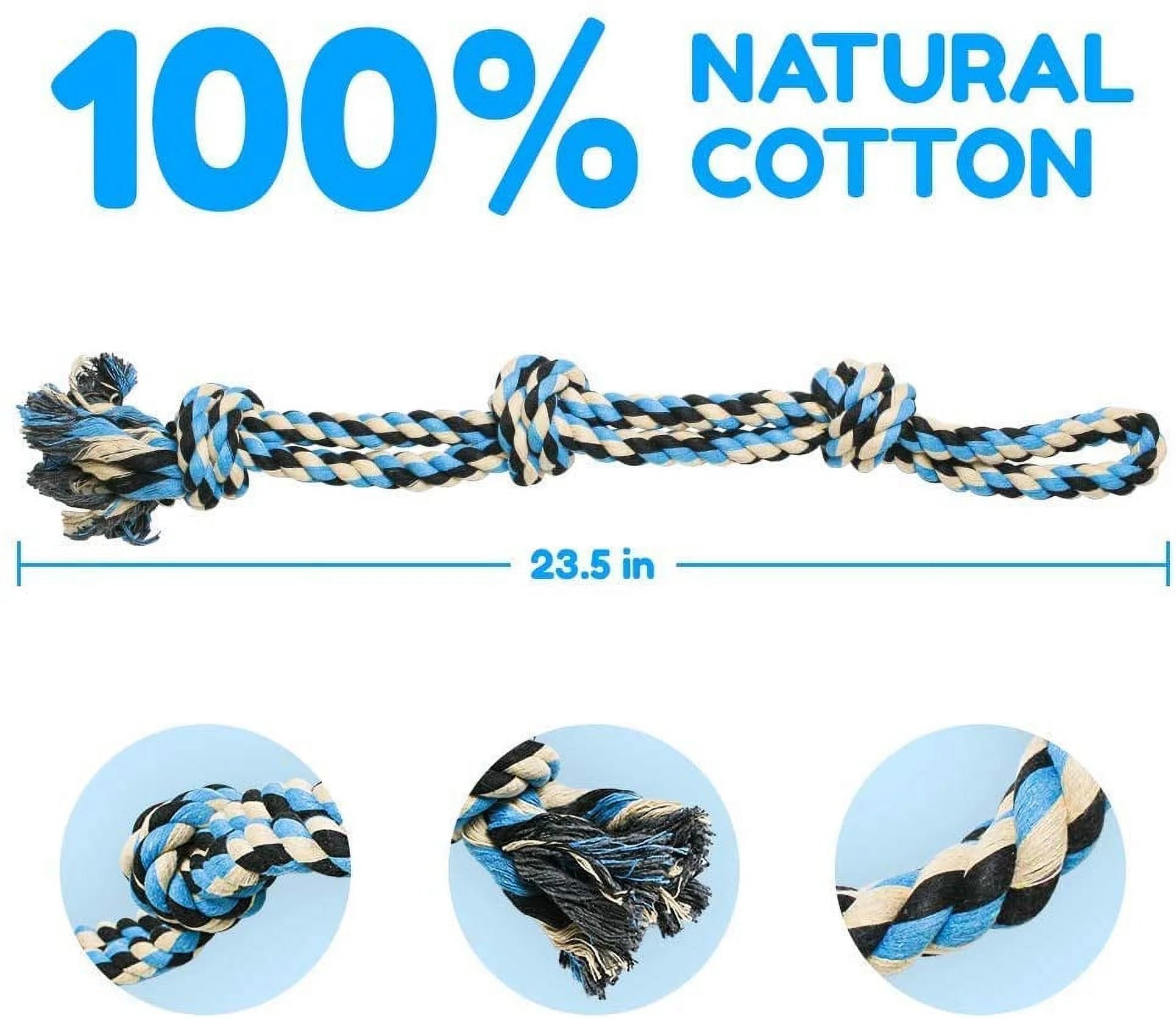 Interactive Dog Toys, Blue, Tough Twisted Rope Toy with 3 Knots