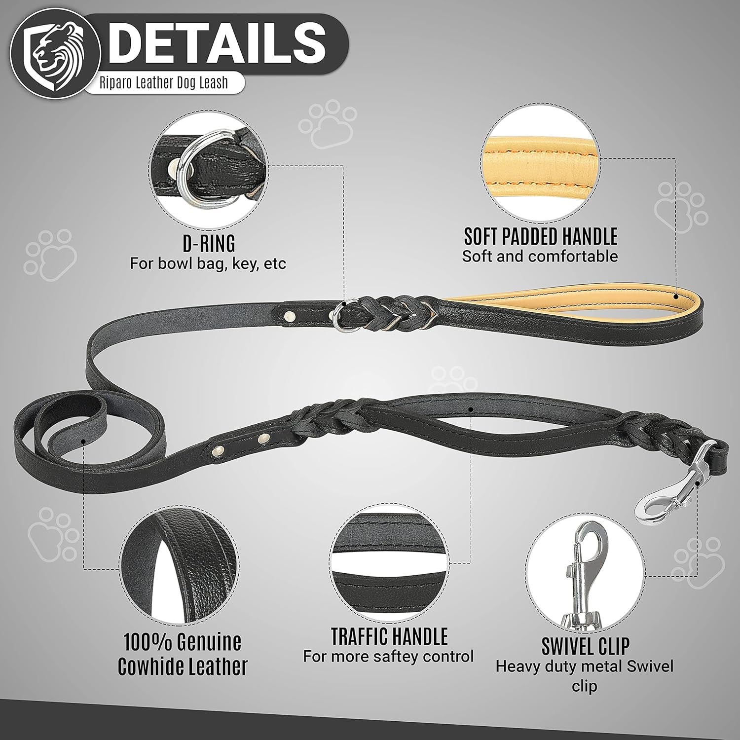 Leather Dog Leash 6Ft with 2 Handles Padded Traffic Handle for Extra Control, Leather Dog Leashes for Large Breed Dogs Training Walking Heavy Duty Leashes for Dogs (Black, L: 3/4" X6Ft)