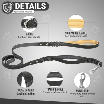 Leather Dog Leash 6Ft with 2 Handles Padded Traffic Handle for Extra Control, Leather Dog Leashes for Large Breed Dogs Training Walking Heavy Duty Leashes for Dogs (Black, L: 3/4" X6Ft)