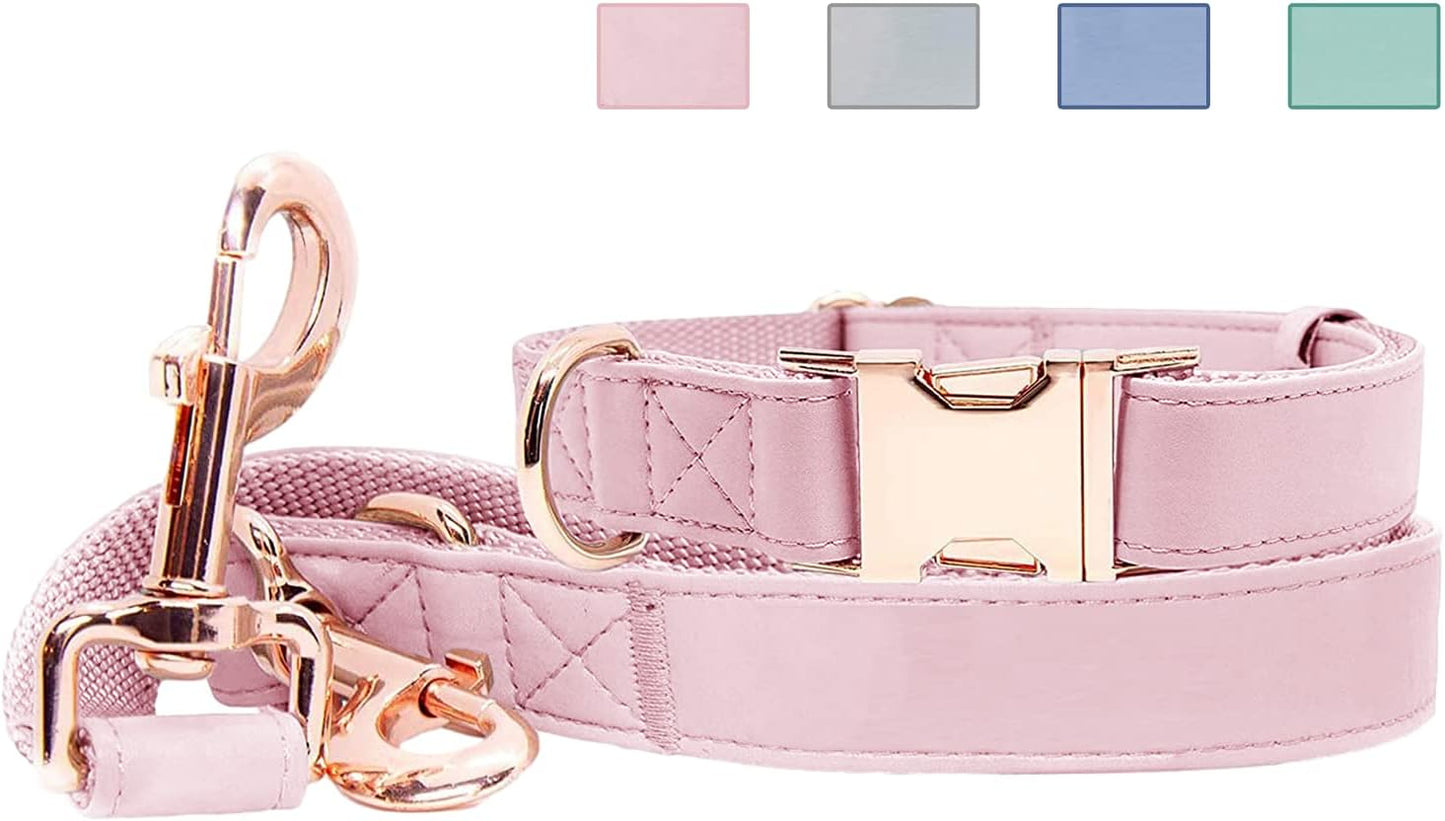Soft Leather Dog Collar and Leash (6.6') Set - Stylish Rose Gold Heavy Duty Metal Buckle, 4 Adjustable Lengths Leash for Small Medium Large Dogs - Comfortable & Easy to Clean Pink M(13.8"-19.7")