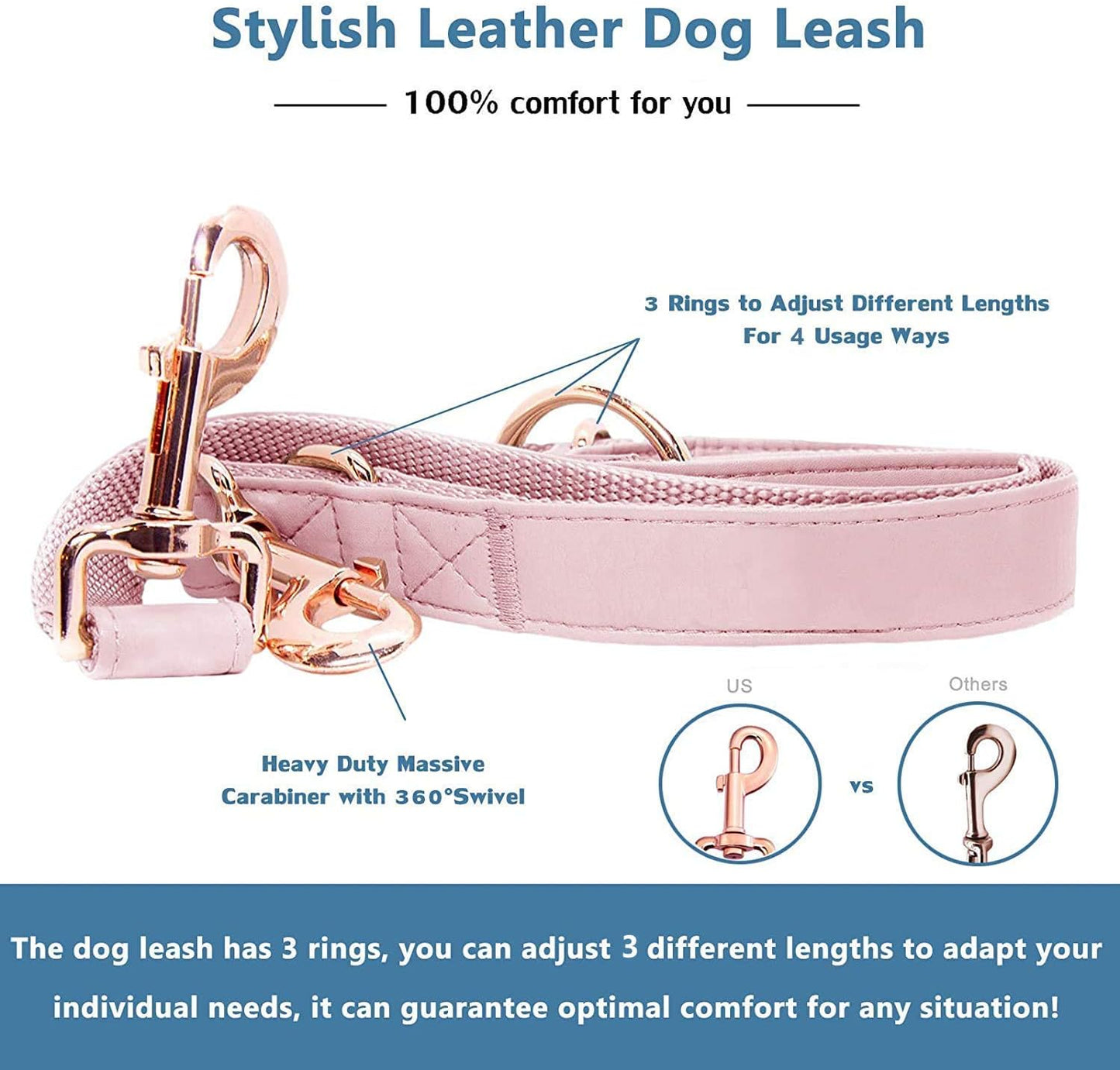 Soft Leather Dog Collar and Leash (6.6') Set - Stylish Rose Gold Heavy Duty Metal Buckle, 4 Adjustable Lengths Leash for Small Medium Large Dogs - Comfortable & Easy to Clean Pink M(13.8"-19.7")