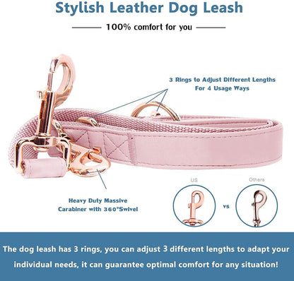 Soft Leather Dog Collar and Leash (6.6') Set - Stylish Rose Gold Heavy Duty Metal Buckle, 4 Adjustable Lengths Leash for Small Medium Large Dogs - Comfortable & Easy to Clean Pink M(13.8"-19.7")