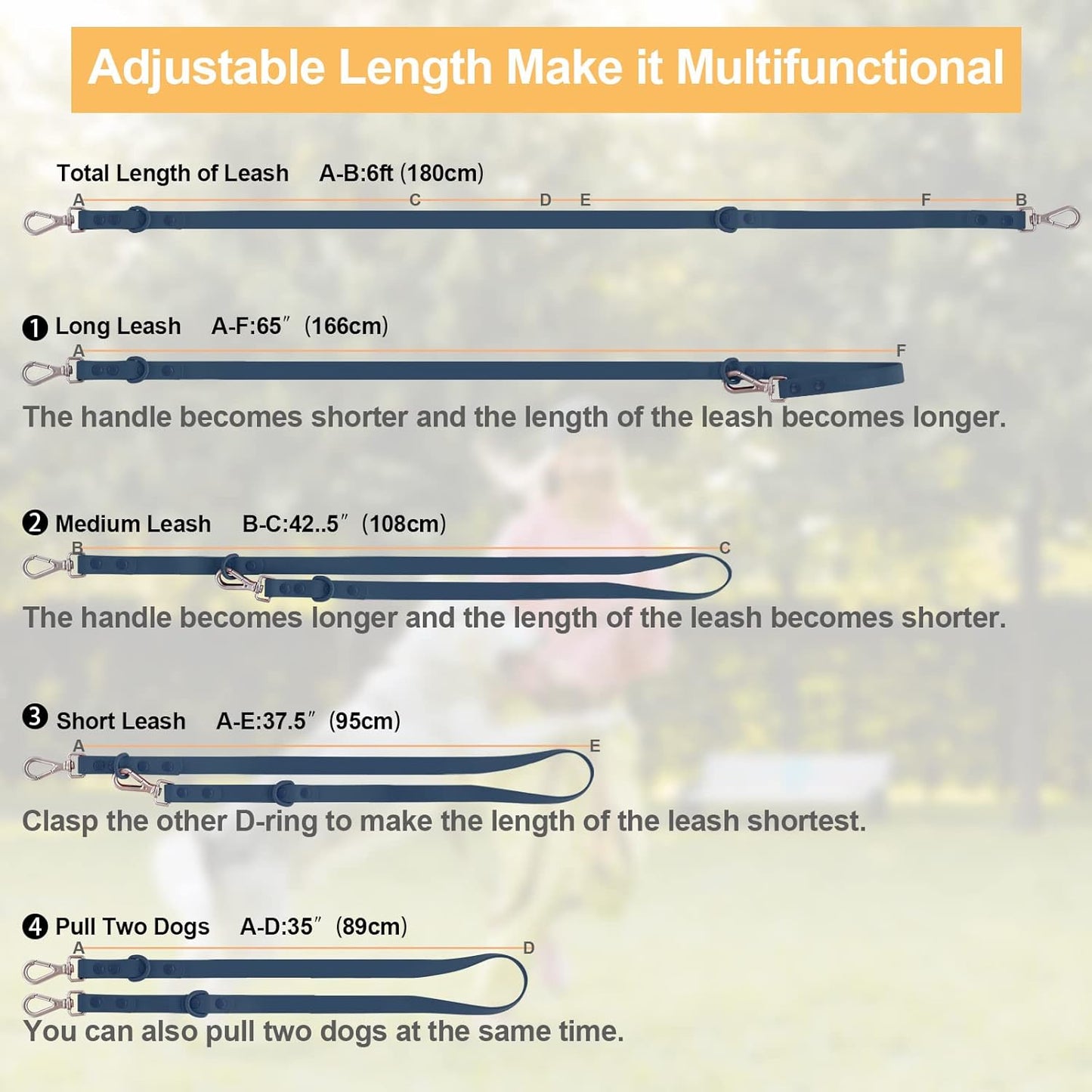 Waterproof Dog Leash – 5Ft/6Ft Adjustable with 2 Hooks & Traffic Handle, Easy to Clean Double Clip Leash for Small, Medium, Large Dogs (Navy,L)