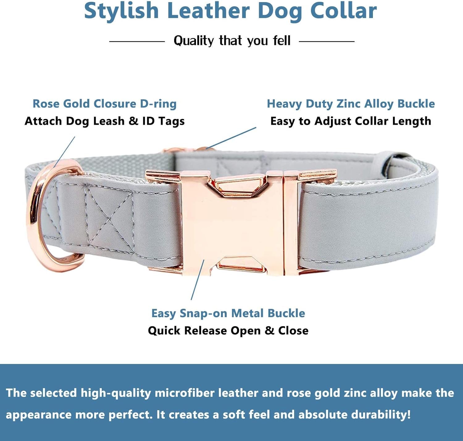 Soft Leather Dog Collar and Leash (6.6') Set - Stylish Rose Gold Heavy Duty Metal Buckle, 4 Adjustable Lengths Leash for Small Medium Large Dogs - Comfortable & Easy to Clean Grey L(15.4"-24.8")