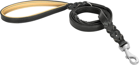 Leather Dog Leash 6Ft with 2 Handles Padded Traffic Handle for Extra Control, Leather Dog Leashes for Large Breed Dogs Training Walking Heavy Duty Leashes for Dogs (Black, L: 3/4" X6Ft)