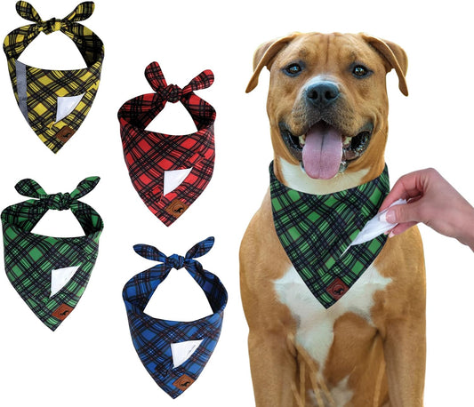 Dog Bandanas with Poop Bags Pocket - Dog Bandanas Large. 4-Pack Dog Bandanas, Includes 1 Reflective Dog Scarf. Reversible Bandanas for Dogs. Eliminate Poop Bag Holder