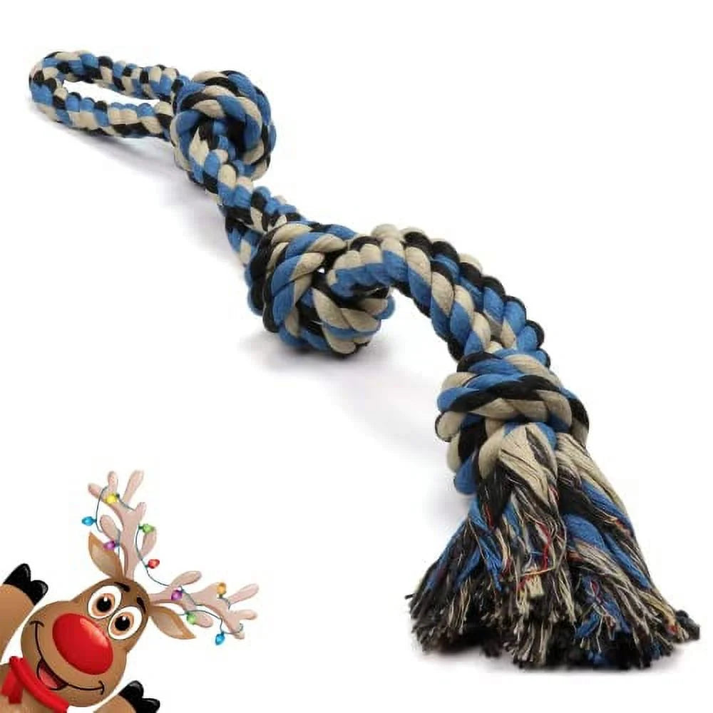 Interactive Dog Toys, Blue, Tough Twisted Rope Toy with 3 Knots
